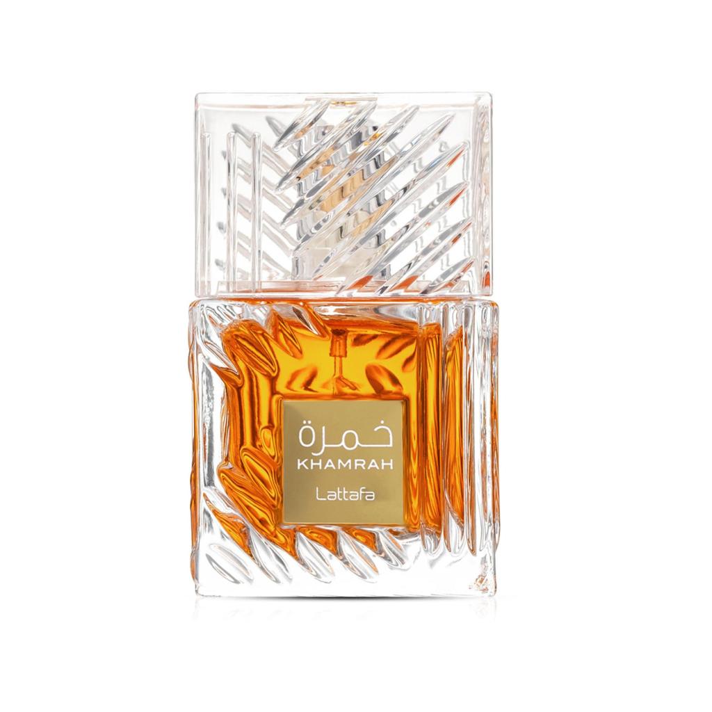Lattafa Khamrah eau de parfum amber-coloured square glass bottle, 100 ml