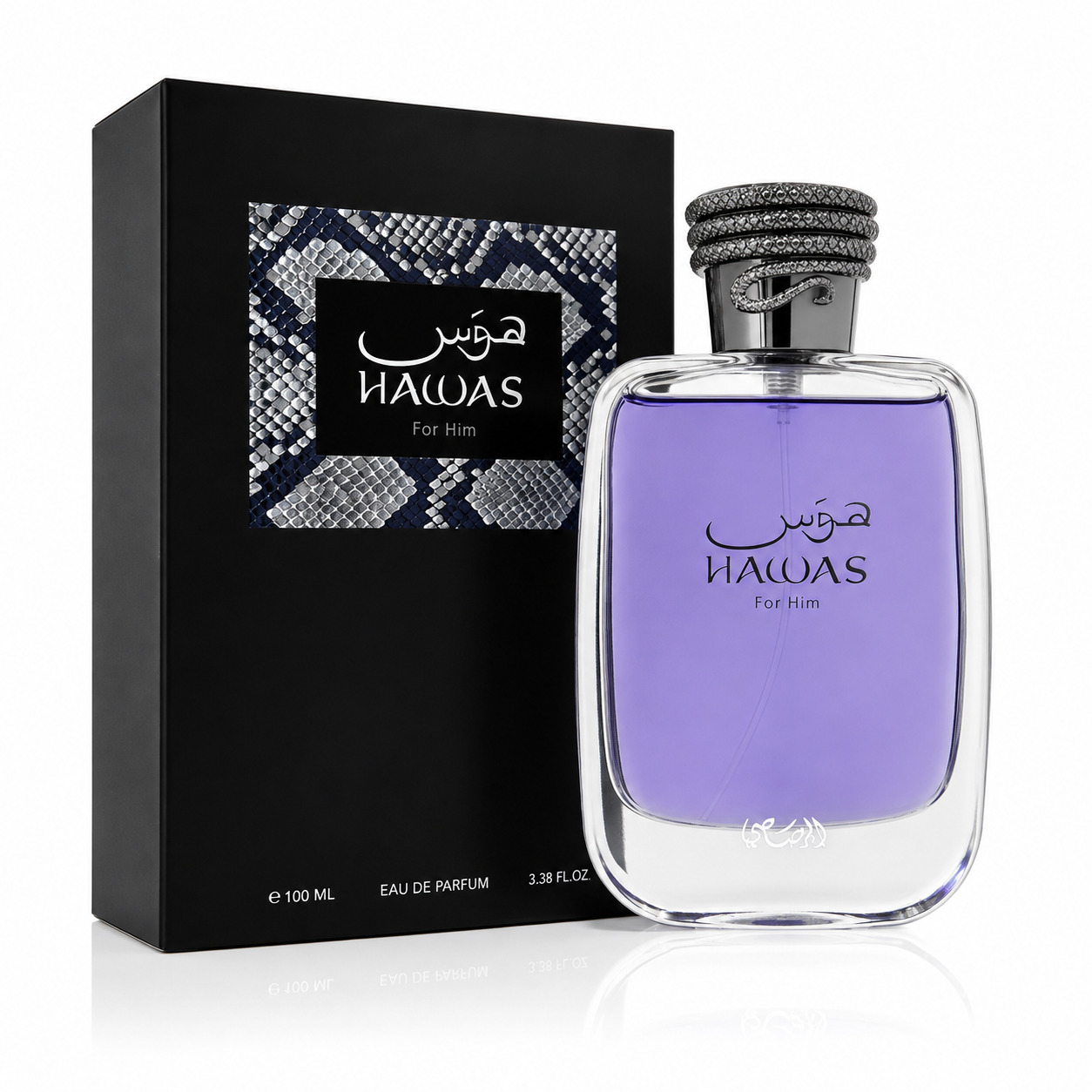 Rasasi Hawas for Him purple-tinted Eau de Parfum 100 ml bottle and box