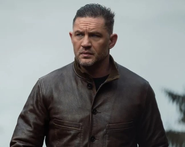 Tom Hardy as Harry Da Souza in MobLand with short tapered sides and textured brushed-back hair